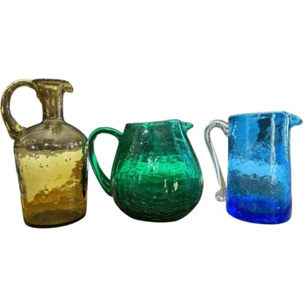 Vintage Crackle Glass Bud Vase Set Amber Green Blue Mini Pitcher Trio
